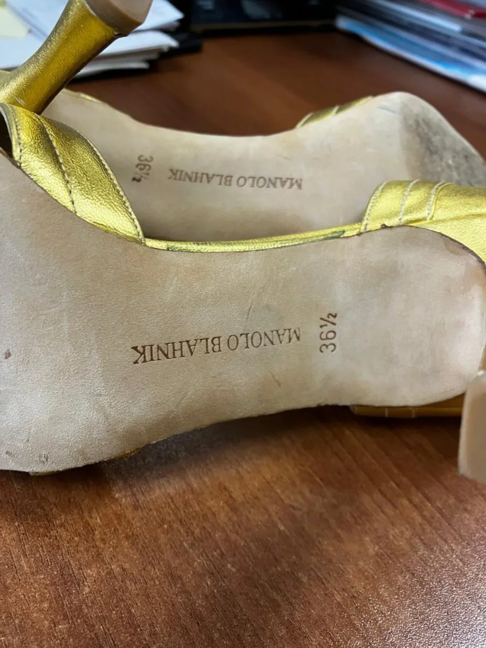 Manolo Blahnik Leather D'Orsey Gold Pump Heels